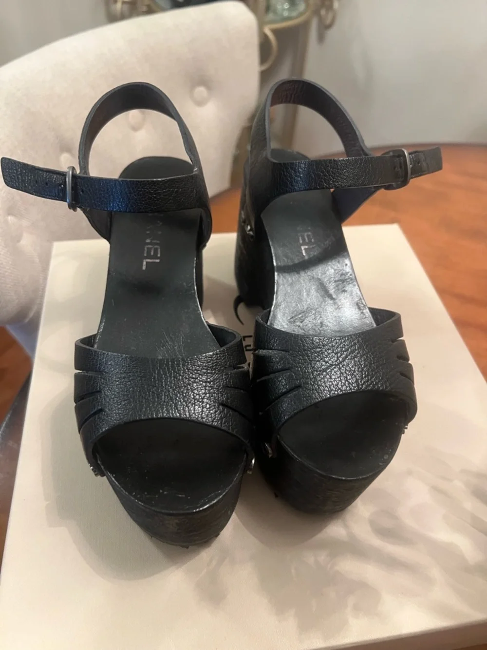 CHANEL Black Leather Platform Slingback Sandals with Buckle - Picture 3 of 6